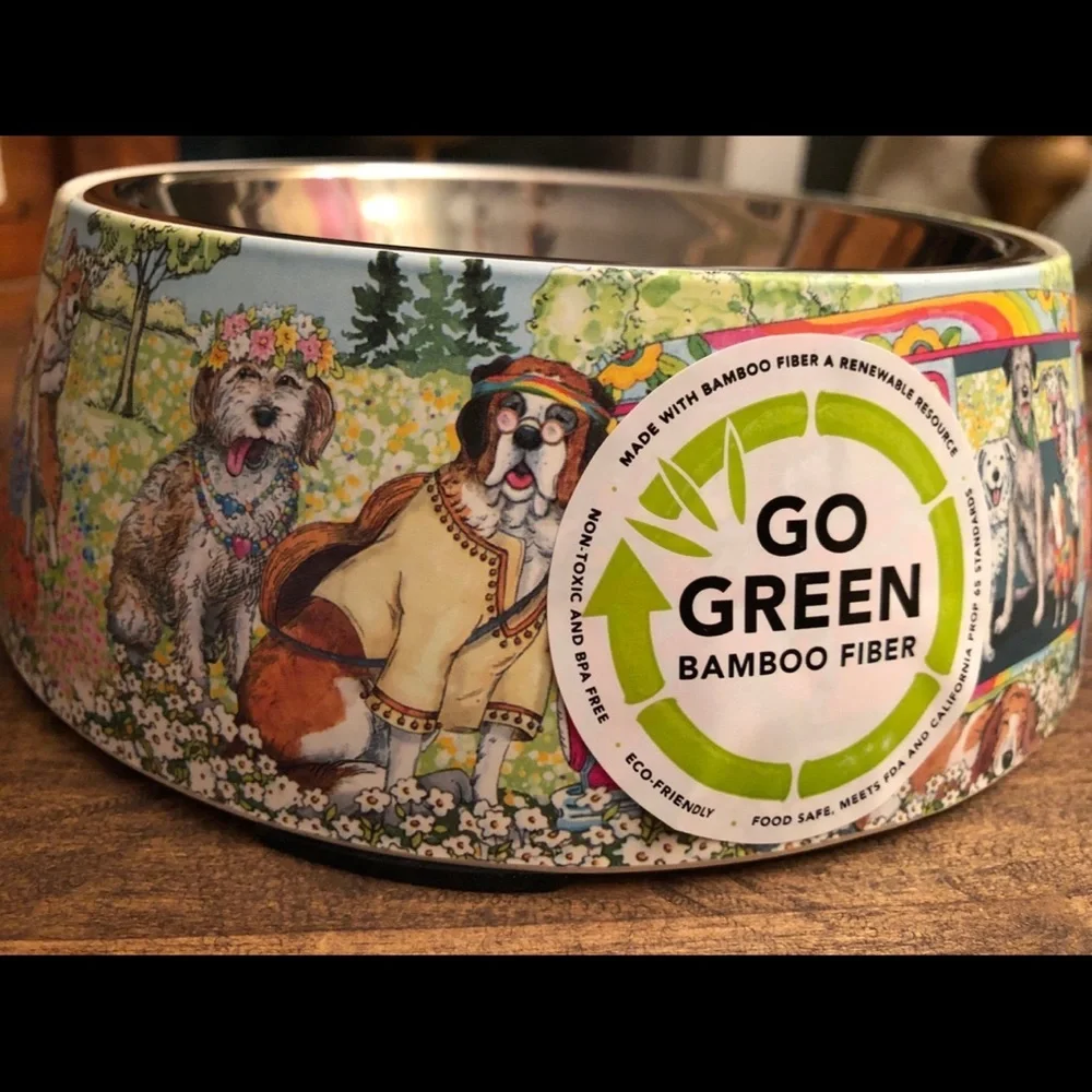 NWT Bamboo Fiber Dog Bowl w/ Stainless Bowl, Non Skid, Peace Love Treats Design